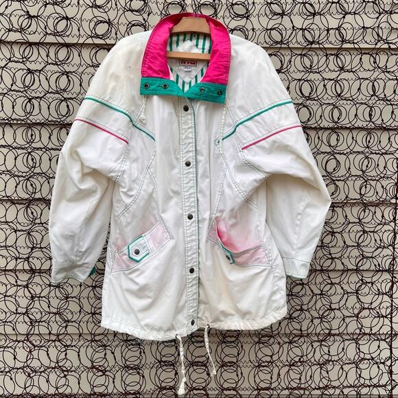 Vintage 90s New York girl teal and hot pink accent geometric coat LARGE - Picture 1 of 6